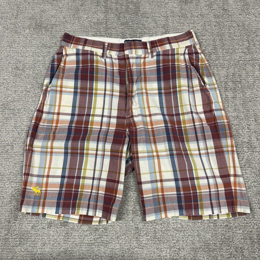 Abercrombie & Fitch Shorts Mens 31 Maroon Cream Blue Plaid Vintage Y2K Moose